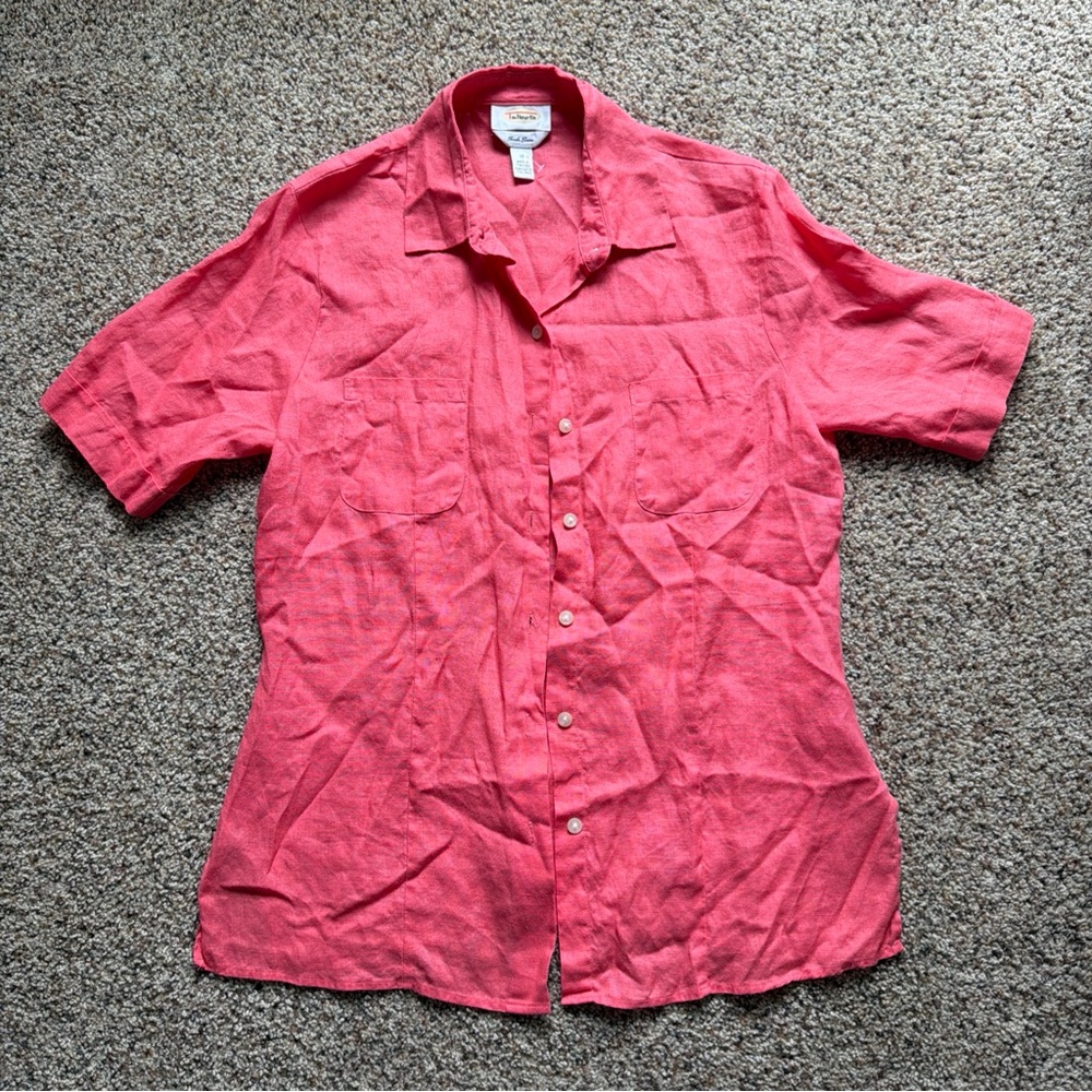 Talbots 100% Irish Linen Short Sleeve Button-up Safari Shirt Womens 10 Pink